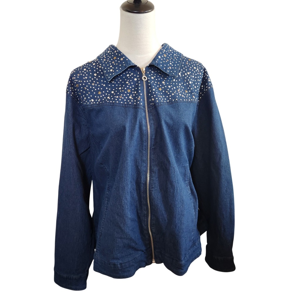 Cathy Daniels Womens Plus‎ 3X Denim Jacket Zip Front Studded Star Blue Jean Coat